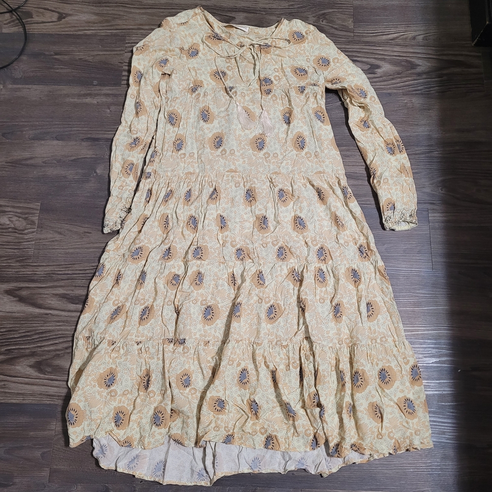 Natalie Martin Fiore Floral Tie-Neck Tiered Long Sleeve Midi Dress Size S